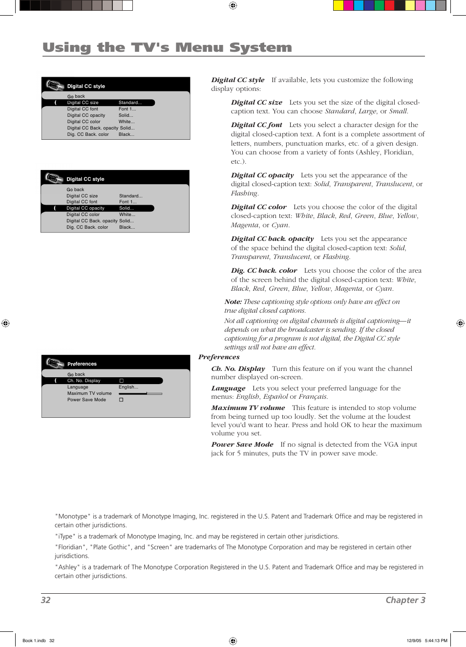 Using the tv's menu system, 32 chapter 3 | RCA LCD User Manual | Page 32 / 44
