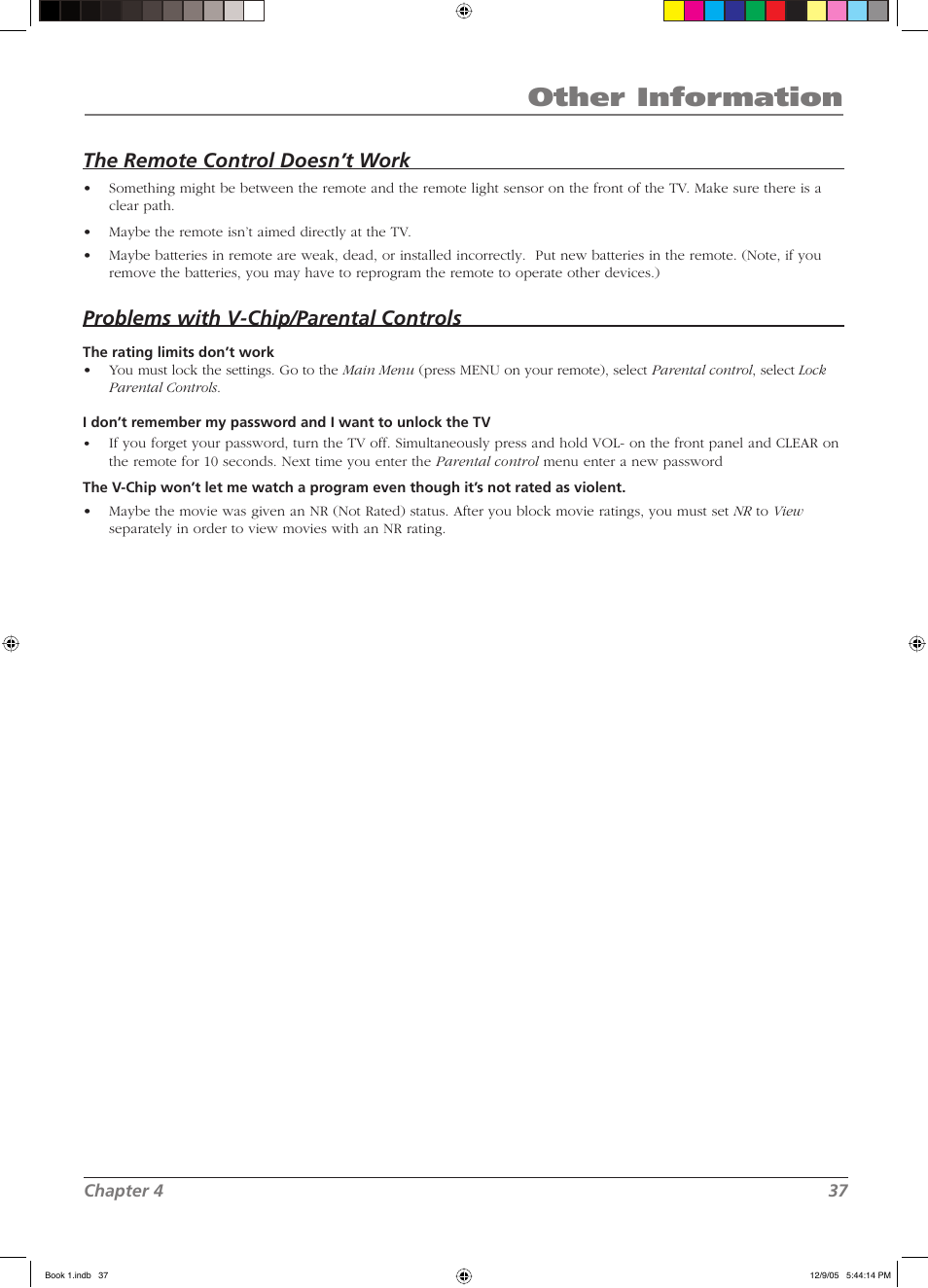 Other information, The remote control doesn’t work, Problems with v-chip/parental controls | RCA LCD User Manual | Page 37 / 44