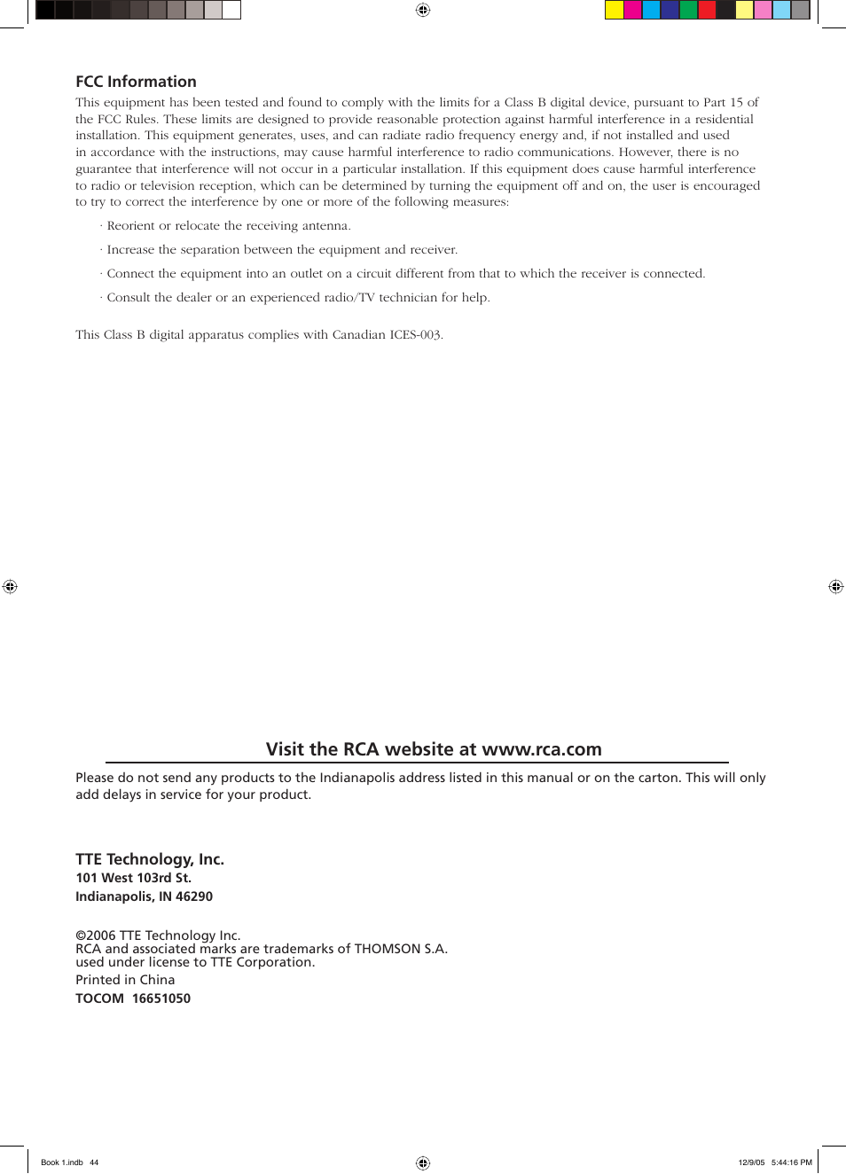 Tte technology, inc, Fcc information | RCA LCD User Manual | Page 44 / 44