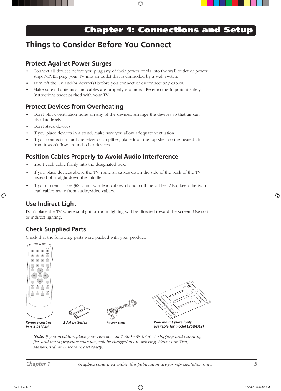 Protect against power surges, Protect devices from overheating, Use indirect light | Check supplied parts, Chapter 1 5 | RCA LCD User Manual | Page 5 / 44