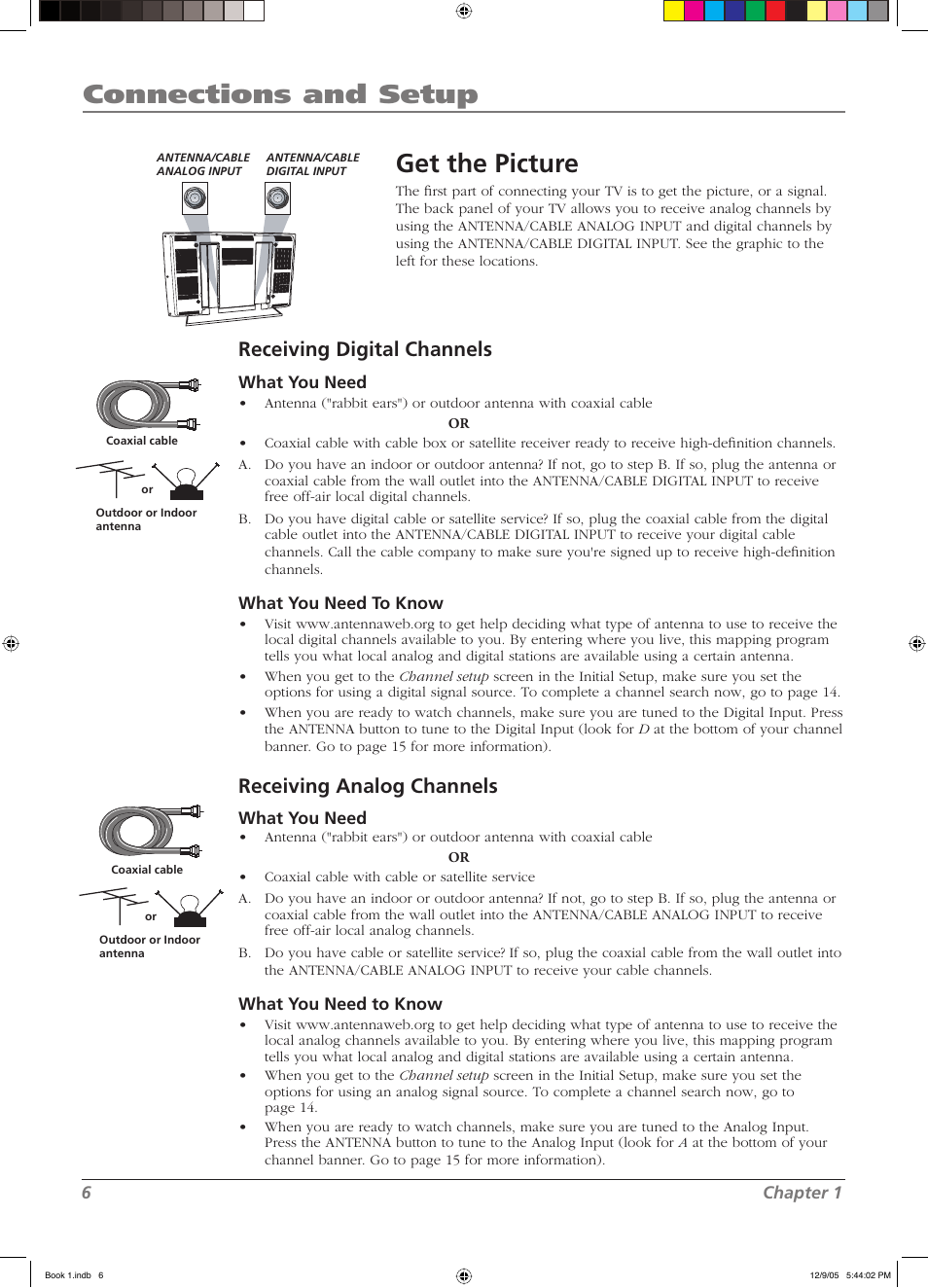 Connections and setup, Get the picture, Receiving digital channels | Receiving analog channels | RCA LCD User Manual | Page 6 / 44