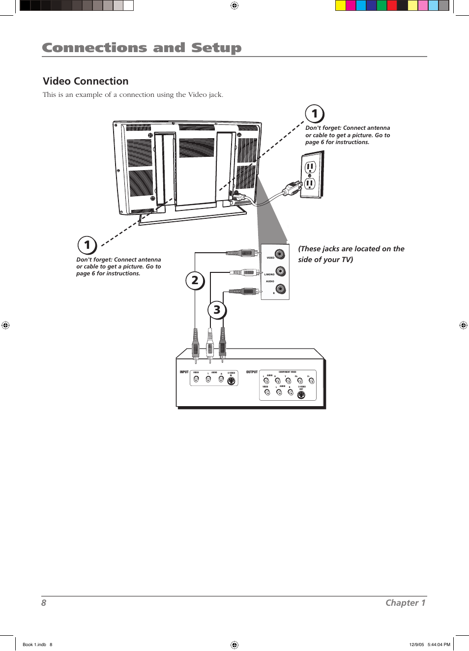 Connections and setup, Video connection, 8chapter 1 | These jacks are located on the side of your tv) | RCA LCD User Manual | Page 8 / 44