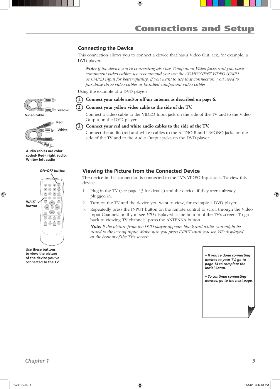 Connections and setup, Chapter 1 9, Viewing the picture from the connected device | Connecting the device, Output on the dvd player | RCA LCD User Manual | Page 9 / 44