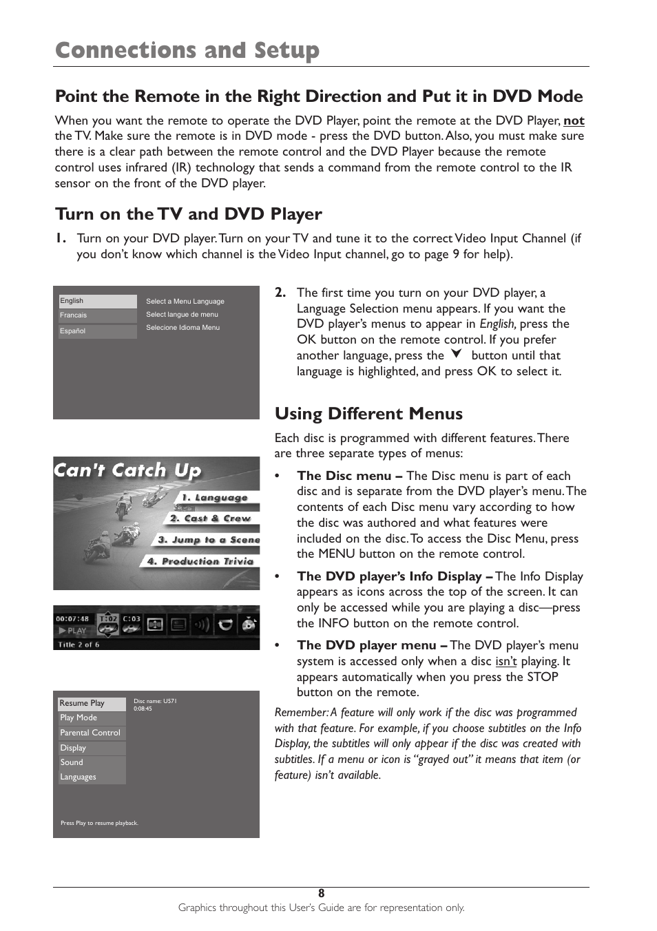 Connections and setup, Using different menus, Turn on the tv and dvd player | RCA DRC233N User Manual | Page 10 / 44