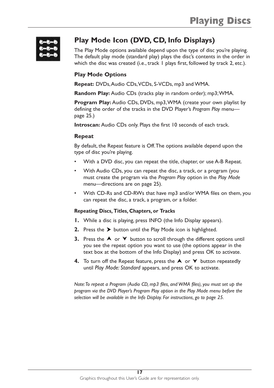 Playing discs, Play mode icon (dvd, cd, info displays) | RCA DRC233N User Manual | Page 19 / 44