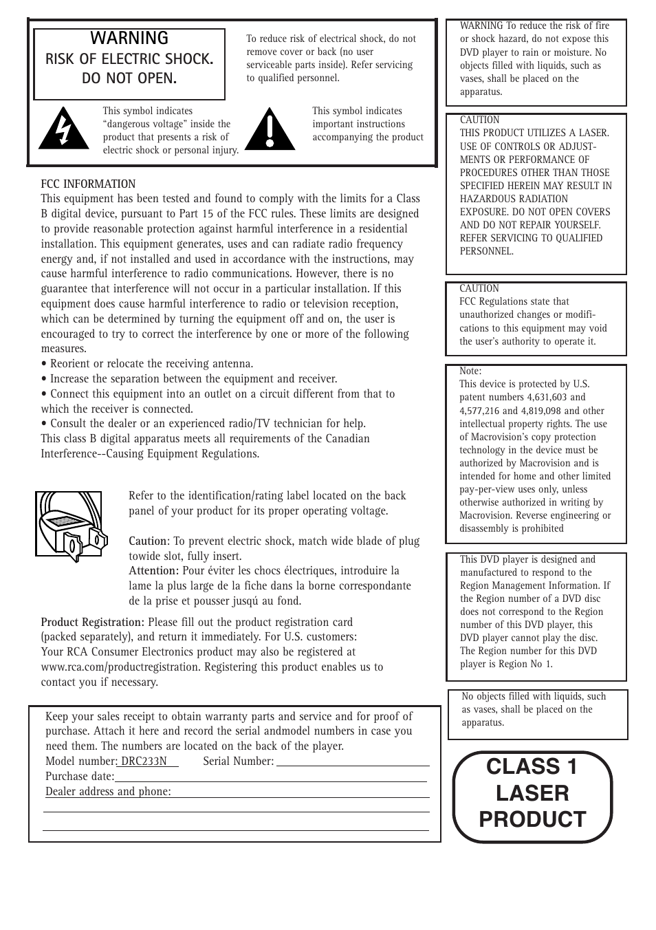 Class 1 laser product, Warning | RCA DRC233N User Manual | Page 2 / 44