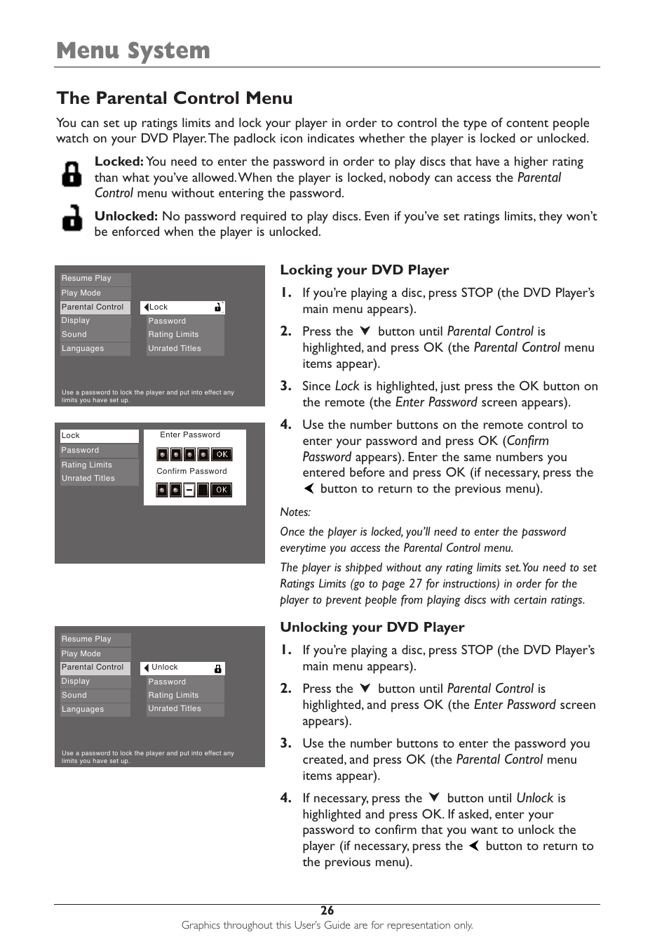 Menu system, The parental control menu | RCA DRC233N User Manual | Page 28 / 44