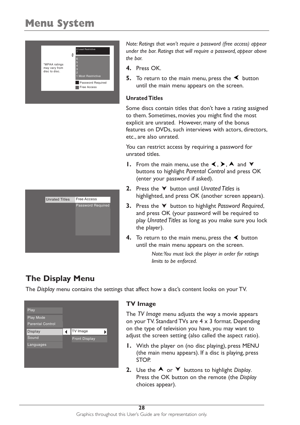 Menu system, The display menu | RCA DRC233N User Manual | Page 30 / 44