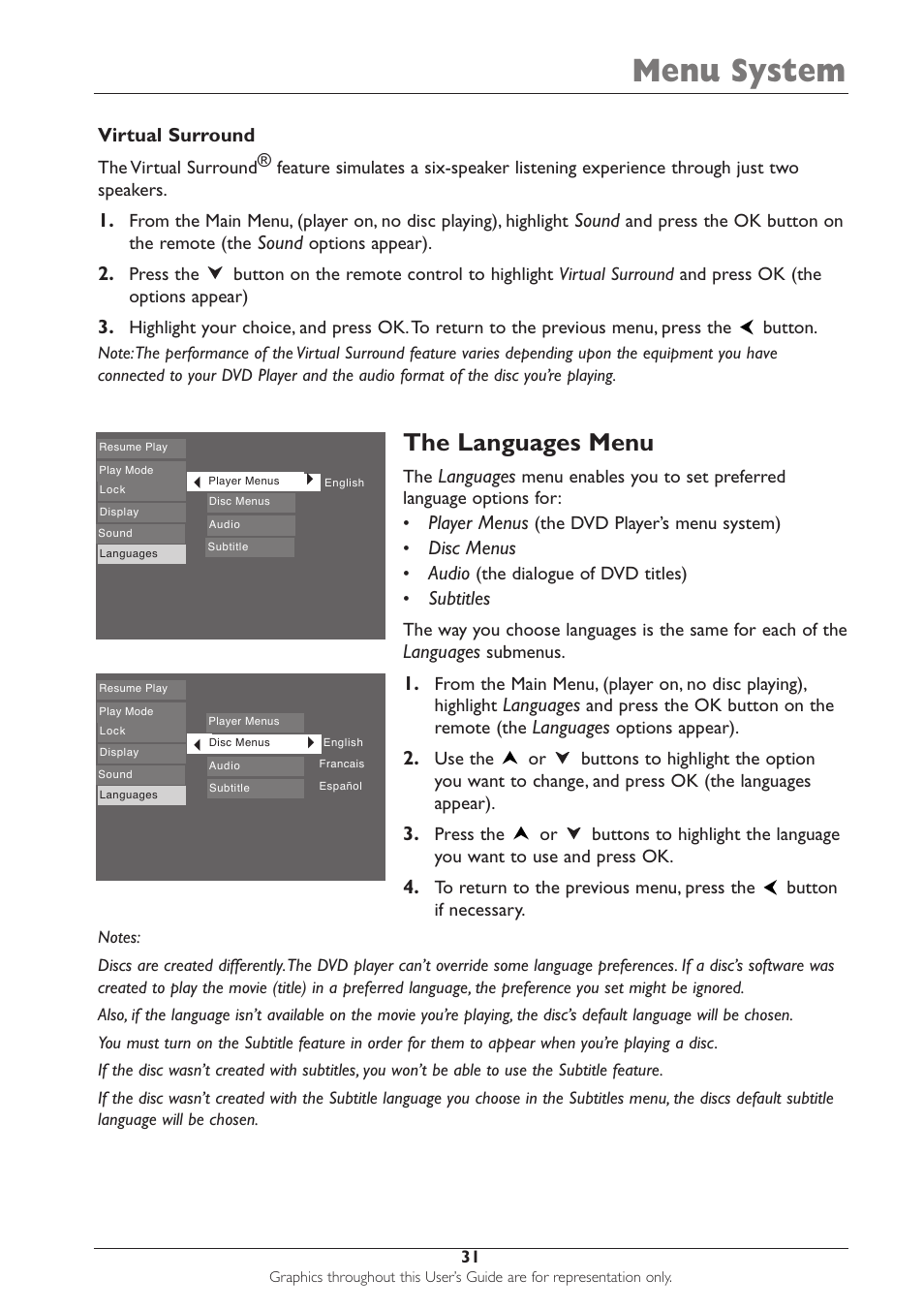 Menu system, The languages menu | RCA DRC233N User Manual | Page 33 / 44