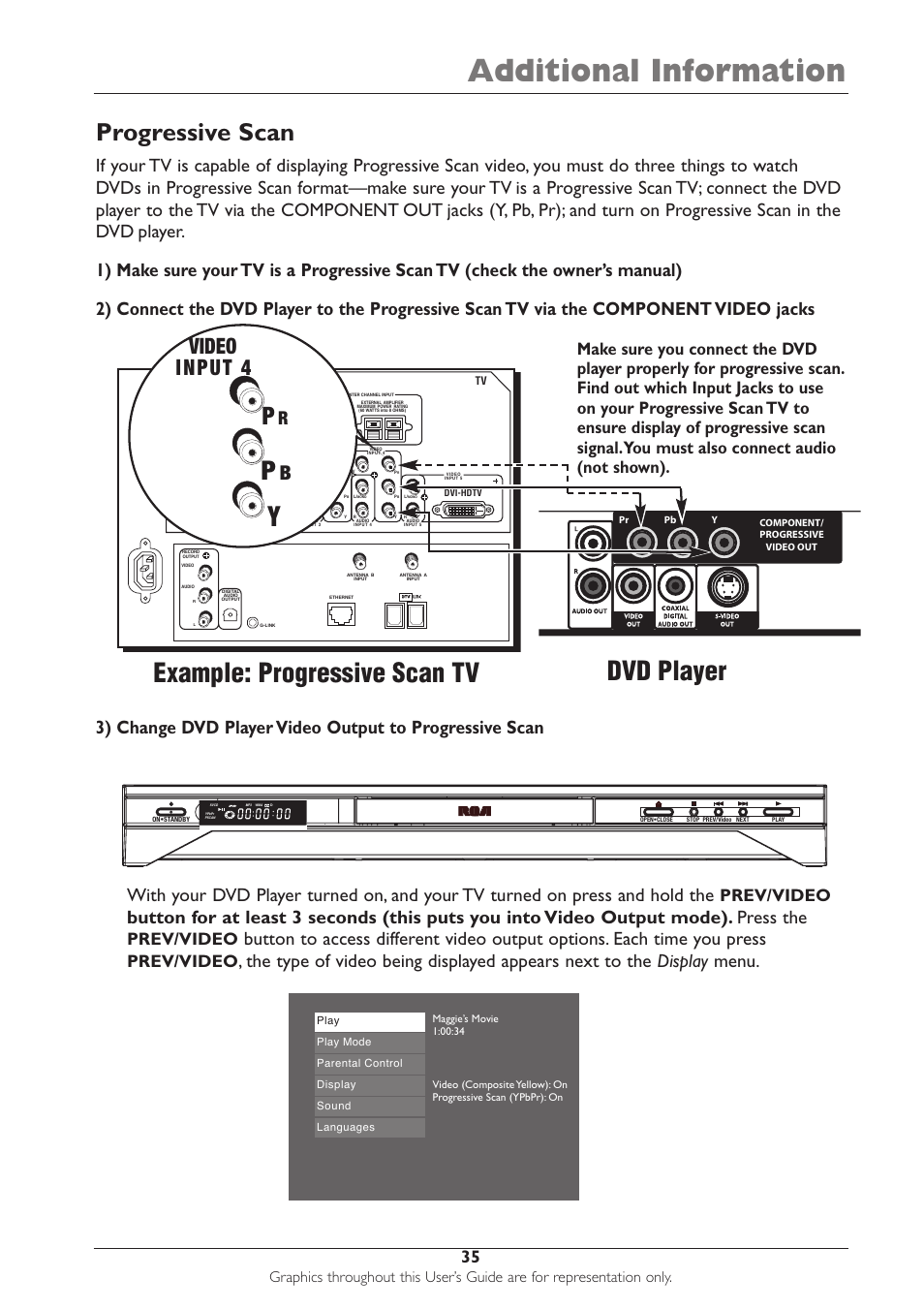 Additional information, Example: progressive scan tv dvd player, Progressive scan | Video input 4, Prev/video | RCA DRC233N User Manual | Page 37 / 44