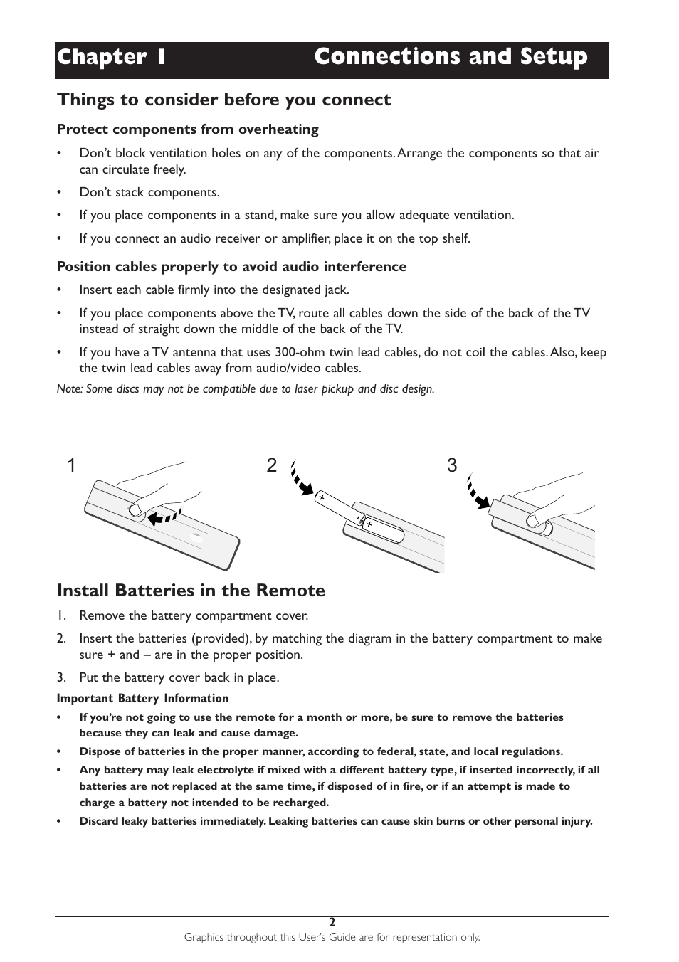 Connections and setup, Chapter 1, Things to consider before you connect | Install batteries in the remote | RCA DRC233N User Manual | Page 4 / 44