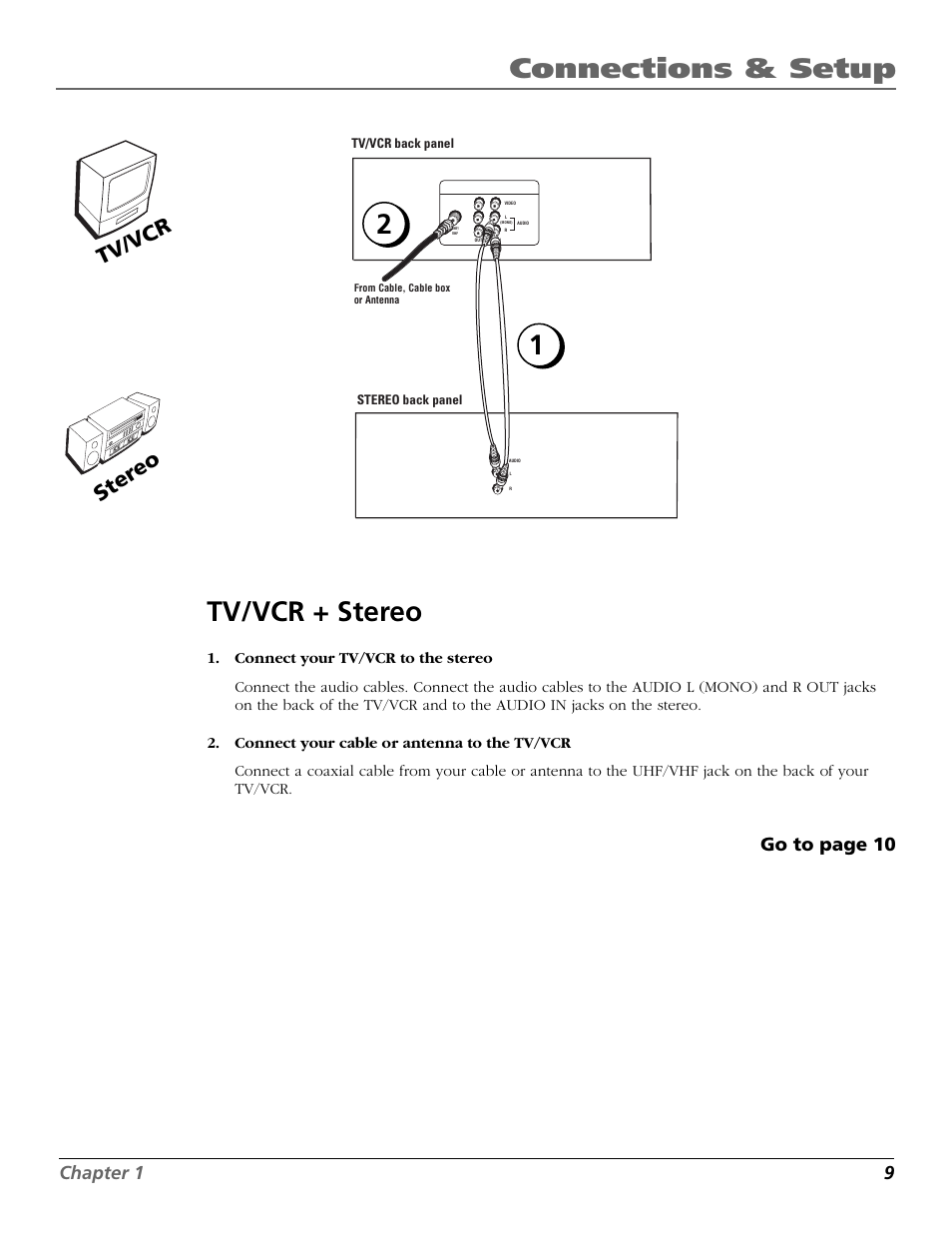 Connections & setup, Tv/vcr + stereo, Tv /vc r ster eo | Chapter 1 9, Go to page 10 | RCA F19425 User Manual | Page 11 / 44