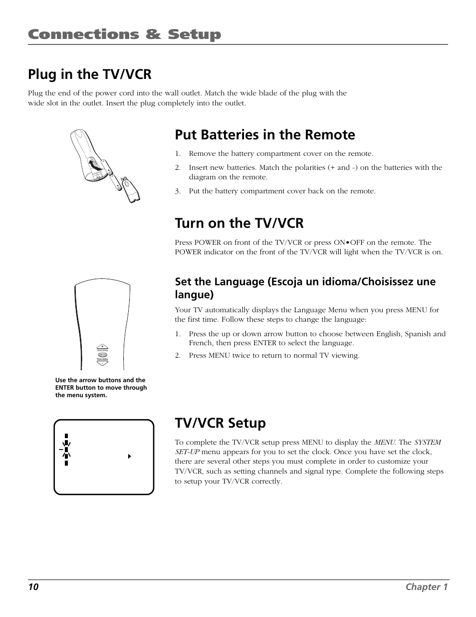 Connections & setup plug in the tv/vcr, Put batteries in the remote, Turn on the tv/vcr | Tv/vcr setup | RCA F19425 User Manual | Page 12 / 44