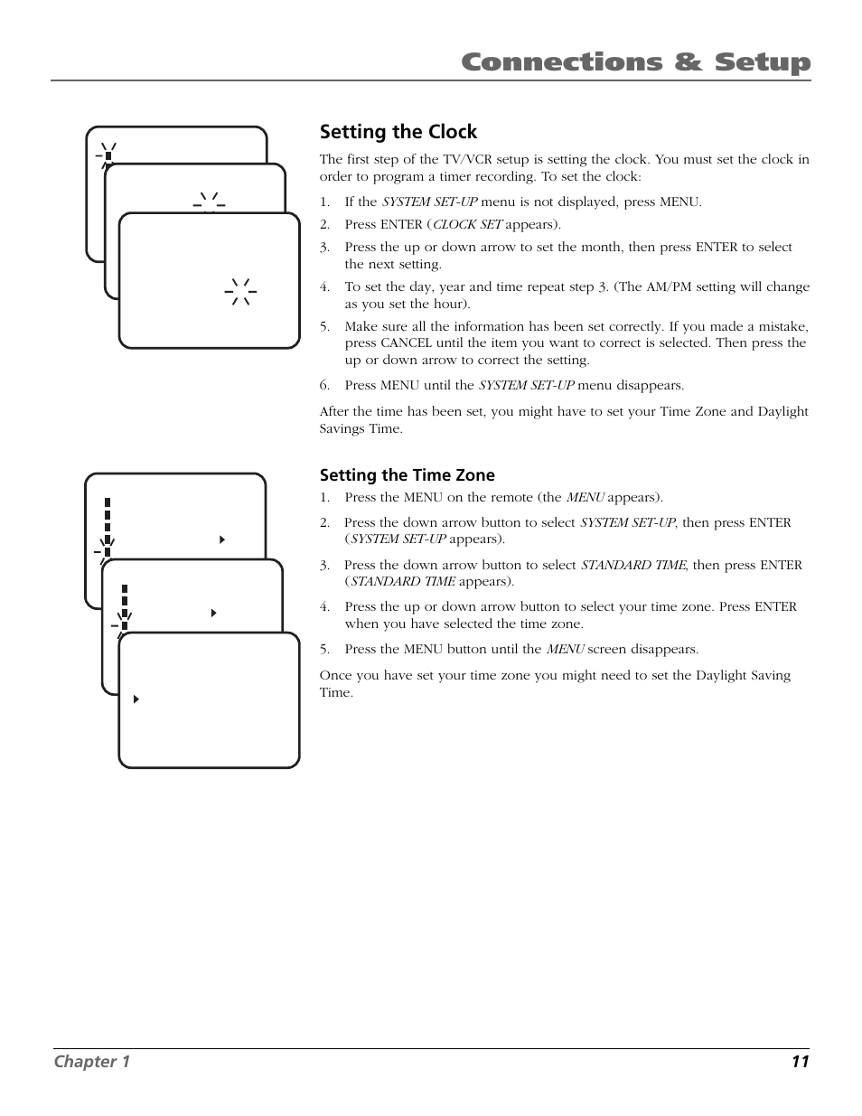 Connections & setup, Setting the clock | RCA F19425 User Manual | Page 13 / 44