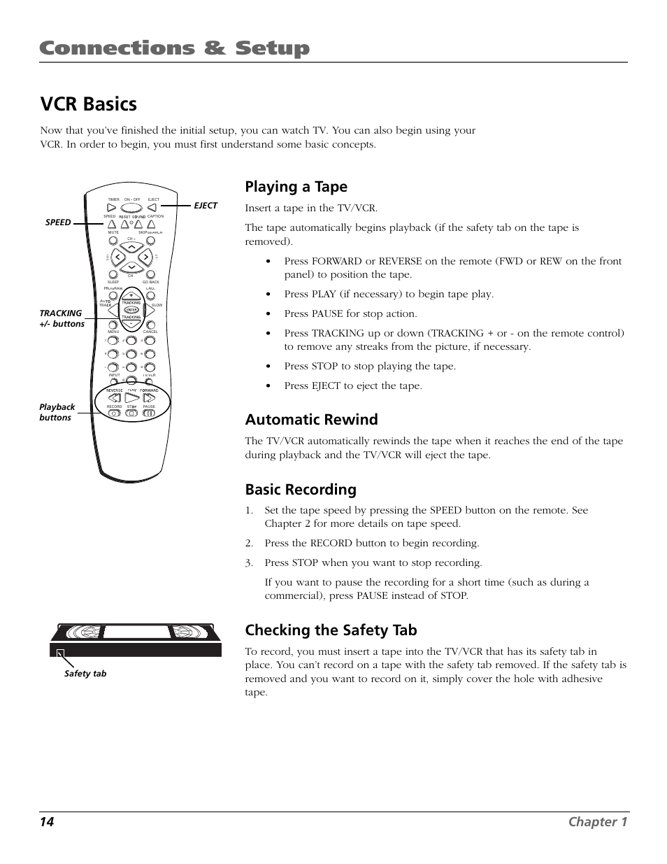 Connections & setup vcr basics, Playing a tape, Automatic rewind | Basic recording, Checking the safety tab, 14 chapter 1 | RCA F19425 User Manual | Page 16 / 44