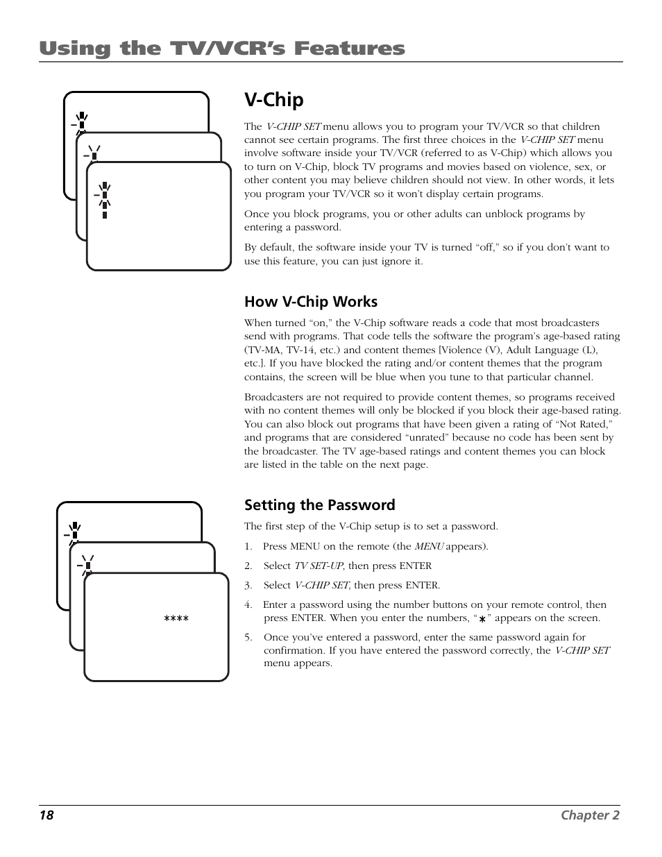 Using the tv/vcr’s features, V-chip, How v-chip works | Setting the password | RCA F19425 User Manual | Page 20 / 44