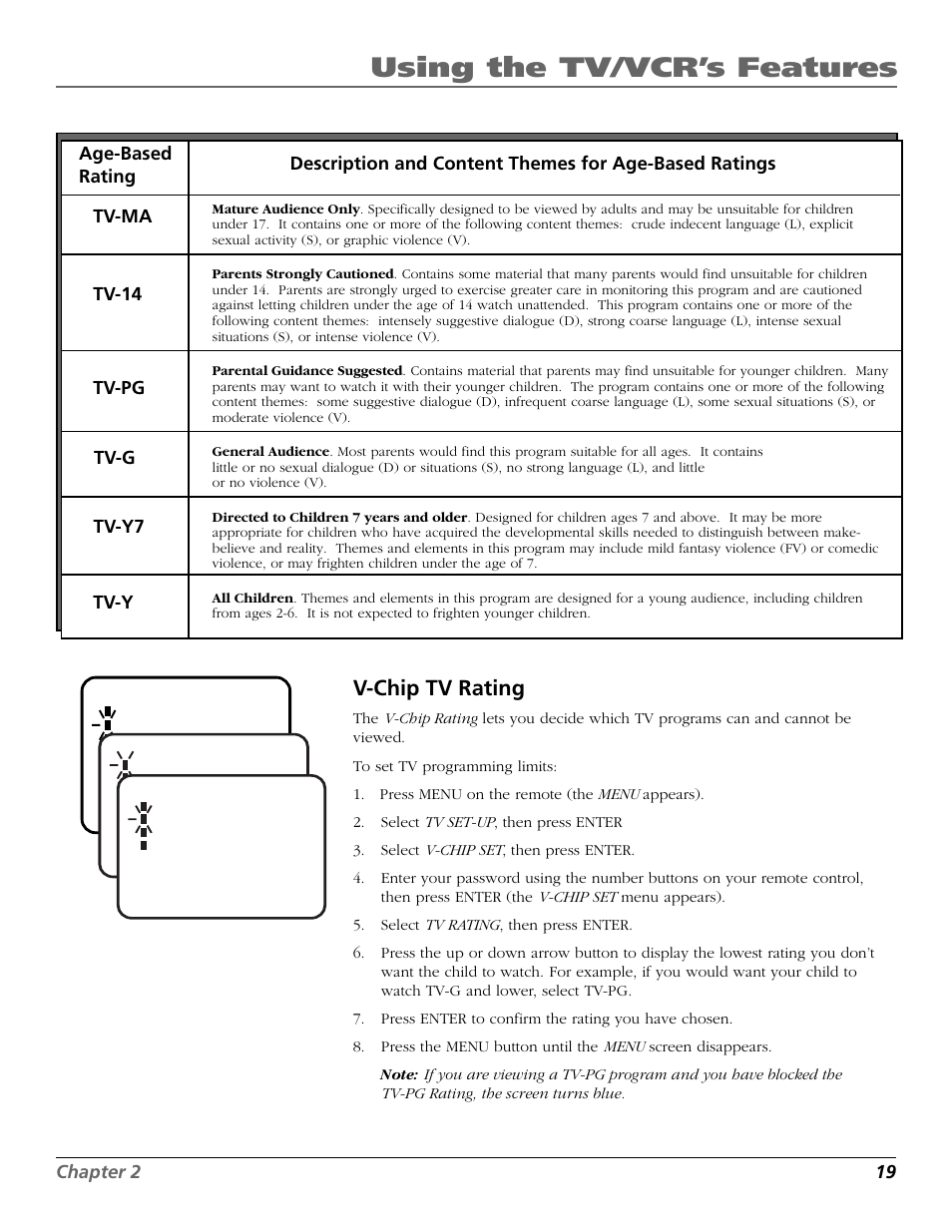 Using the tv/vcr’s features, V-chip tv rating | RCA F19425 User Manual | Page 21 / 44