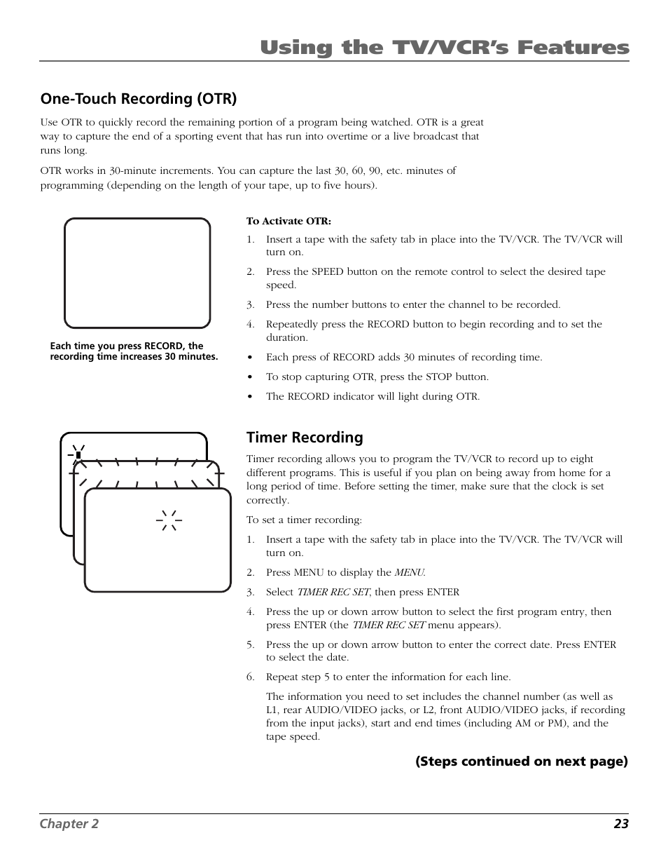 Using the tv/vcr’s features, One-touch recording (otr), Timer recording | RCA F19425 User Manual | Page 25 / 44