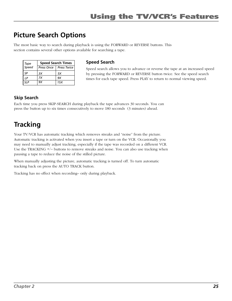 Using the tv/vcr’s features, Picture search options, Tracking | RCA F19425 User Manual | Page 27 / 44