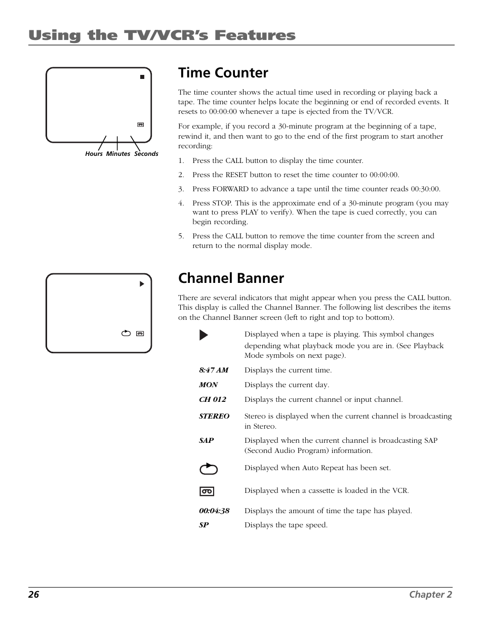 Using the tv/vcr’s features, Time counter, Channel banner | RCA F19425 User Manual | Page 28 / 44