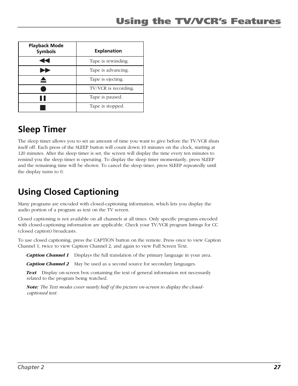 Using the tv/vcr’s features, Sleep timer, Using closed captioning | RCA F19425 User Manual | Page 29 / 44