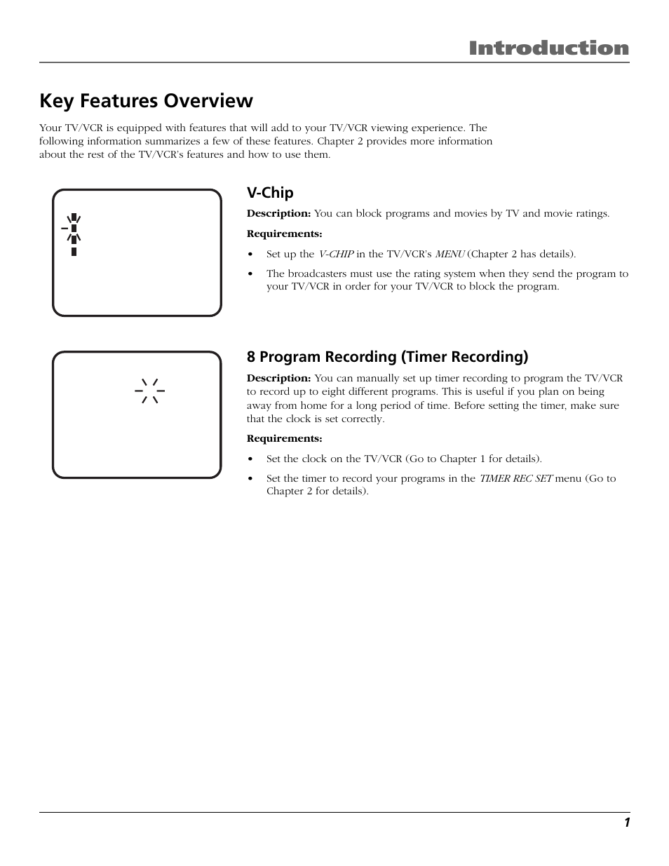 Introduction, Key features overview, V-chip | 8 program recording (timer recording) | RCA F19425 User Manual | Page 3 / 44