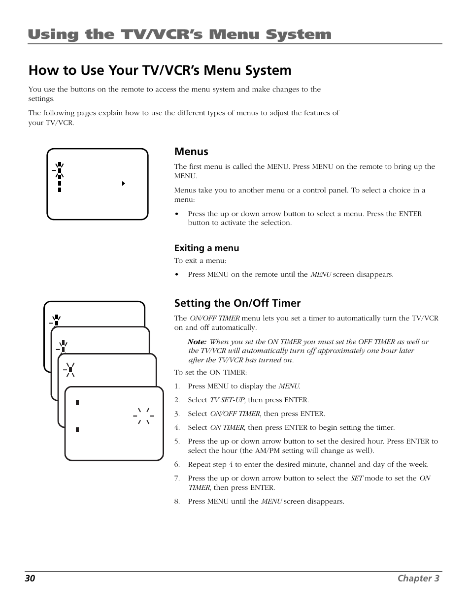 Menus, Setting the on/off timer | RCA F19425 User Manual | Page 32 / 44