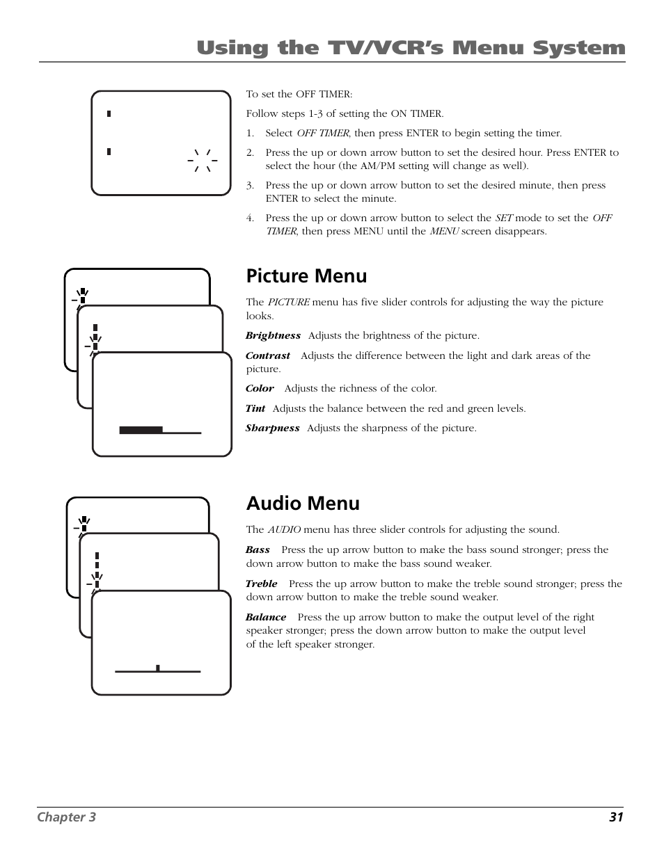 Using the tv/vcr’s menu system, Picture menu, Audio menu | RCA F19425 User Manual | Page 33 / 44