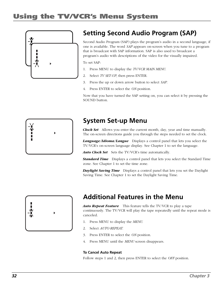 System set-up menu, Additional features in the menu | RCA F19425 User Manual | Page 34 / 44