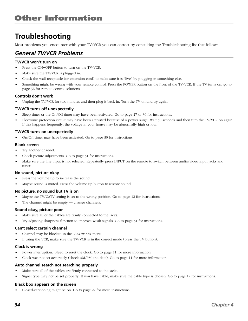 Other information, Troubleshooting, General tv/vcr problems | RCA F19425 User Manual | Page 36 / 44