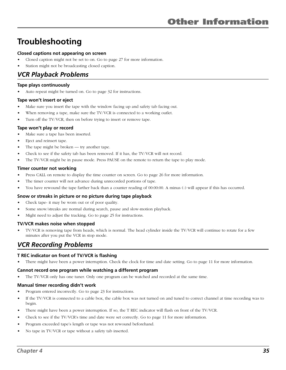 Other information troubleshooting, Vcr playback problems, Vcr recording problems | RCA F19425 User Manual | Page 37 / 44