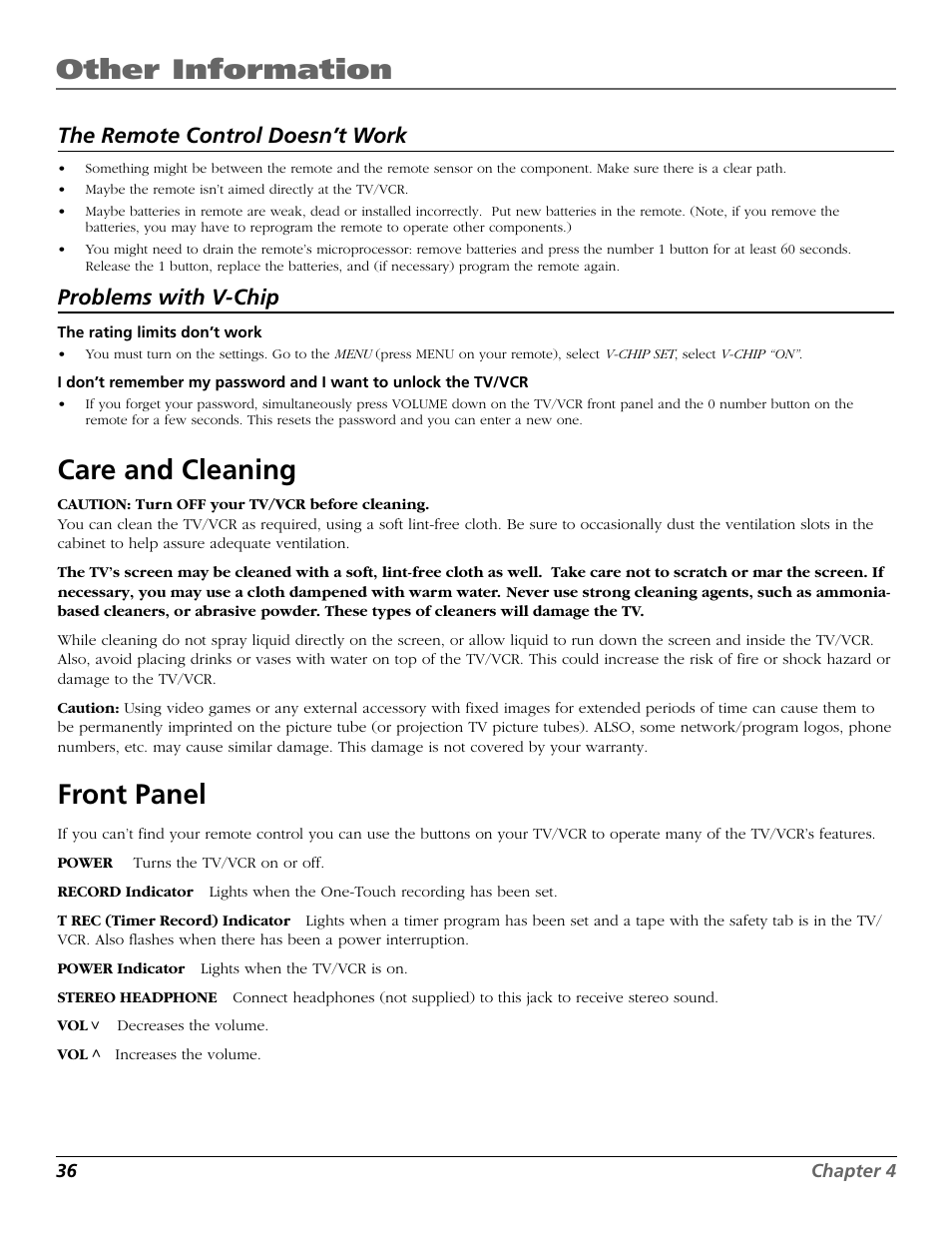 Other information, Care and cleaning, Front panel | The remote control doesn’t work, Problems with v-chip | RCA F19425 User Manual | Page 38 / 44