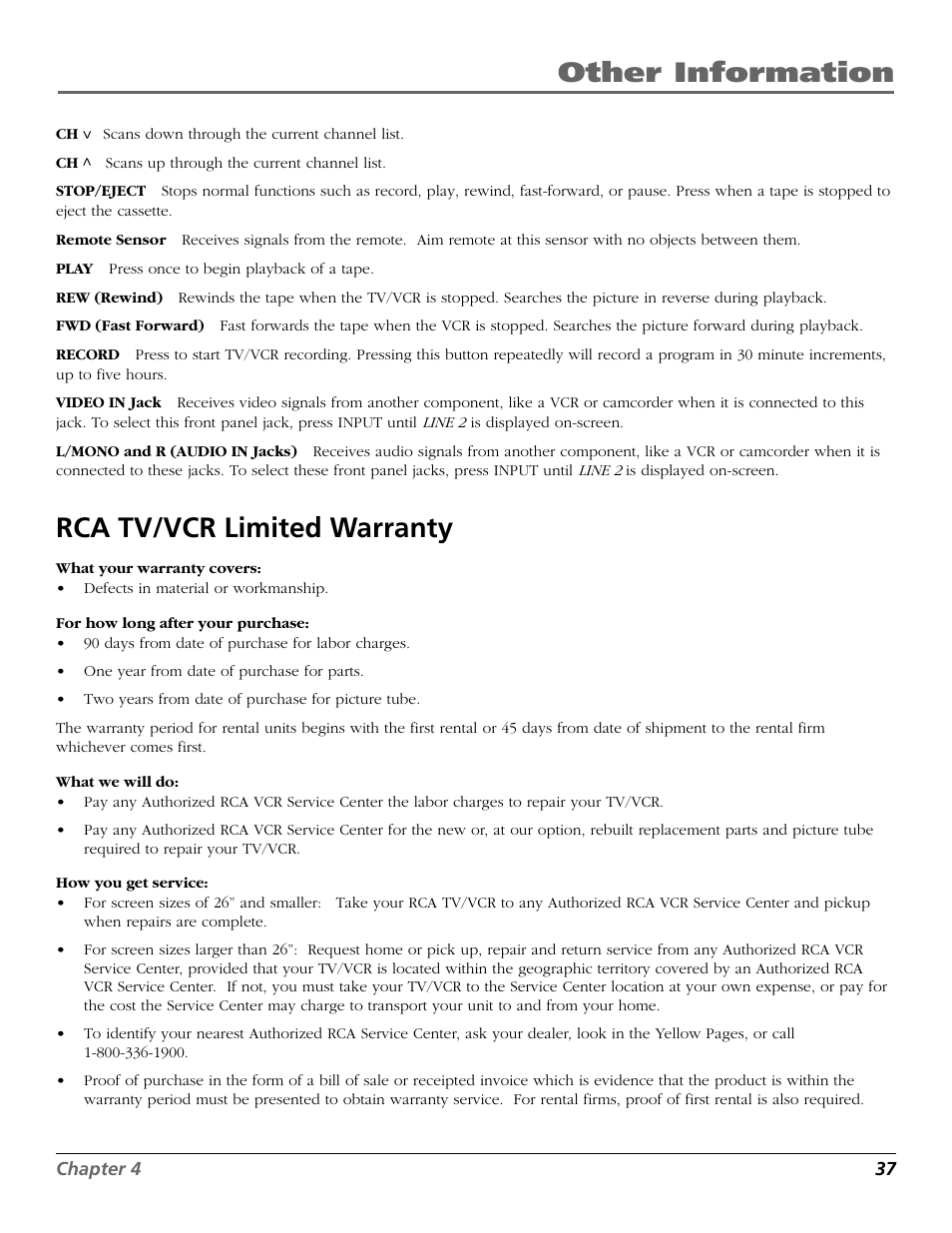 Other information, Rca tv/vcr limited warranty | RCA F19425 User Manual | Page 39 / 44