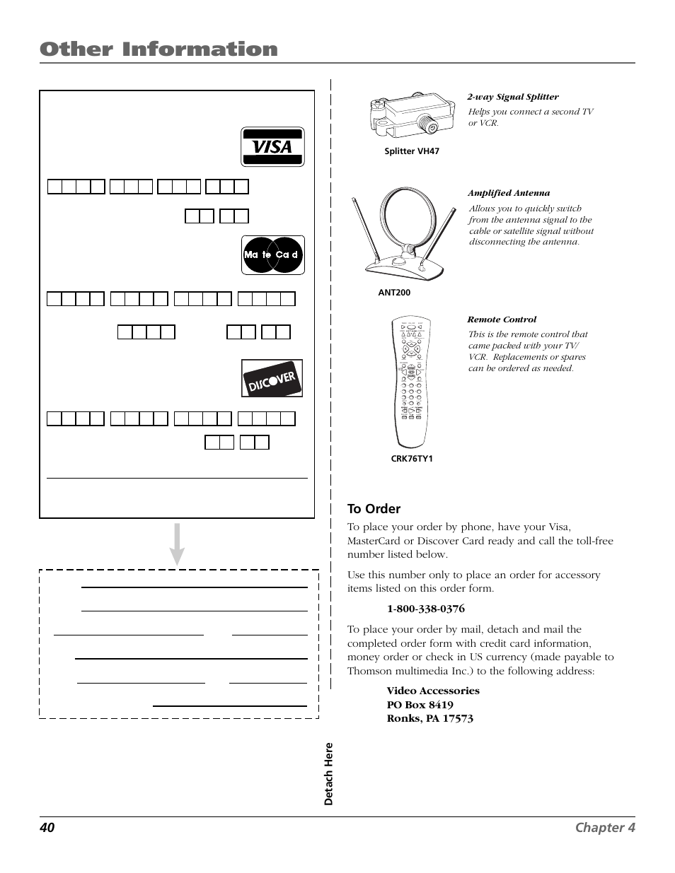 Other information, 40 chapter 4 to order, Detach her e | Use your credit card, Daytime phone number | RCA F19425 User Manual | Page 42 / 44