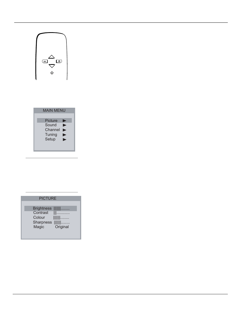 The point and select method, Tv main menu, The picture menu | Menus and features | RCA CR20310 User Manual | Page 14 / 24