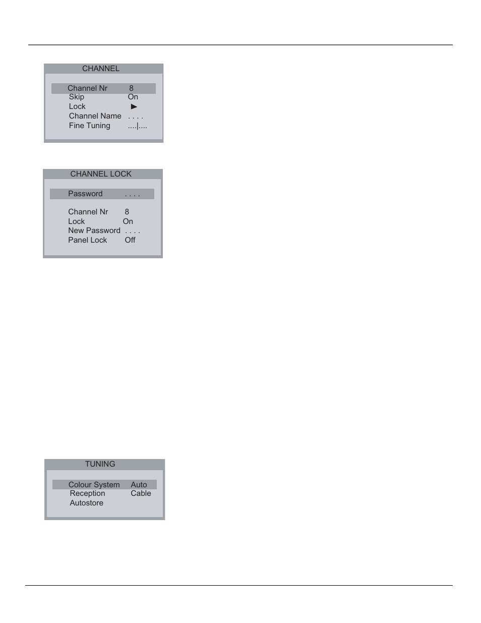 Channel menu, Tuning menu, Channel menu tuning menu | Menus and features channel menu | RCA CR20310 User Manual | Page 16 / 24
