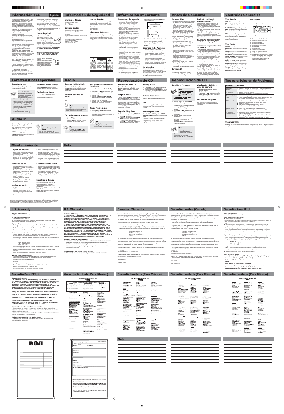 Mantenimiento, Radio, Audio in | Garantía limitada (para méxico), Nota, Antes de comenzar controles generales, Reproducción de cd tips para solución de problemas, Español | RCA RCD025 User Manual | Page 2 / 2