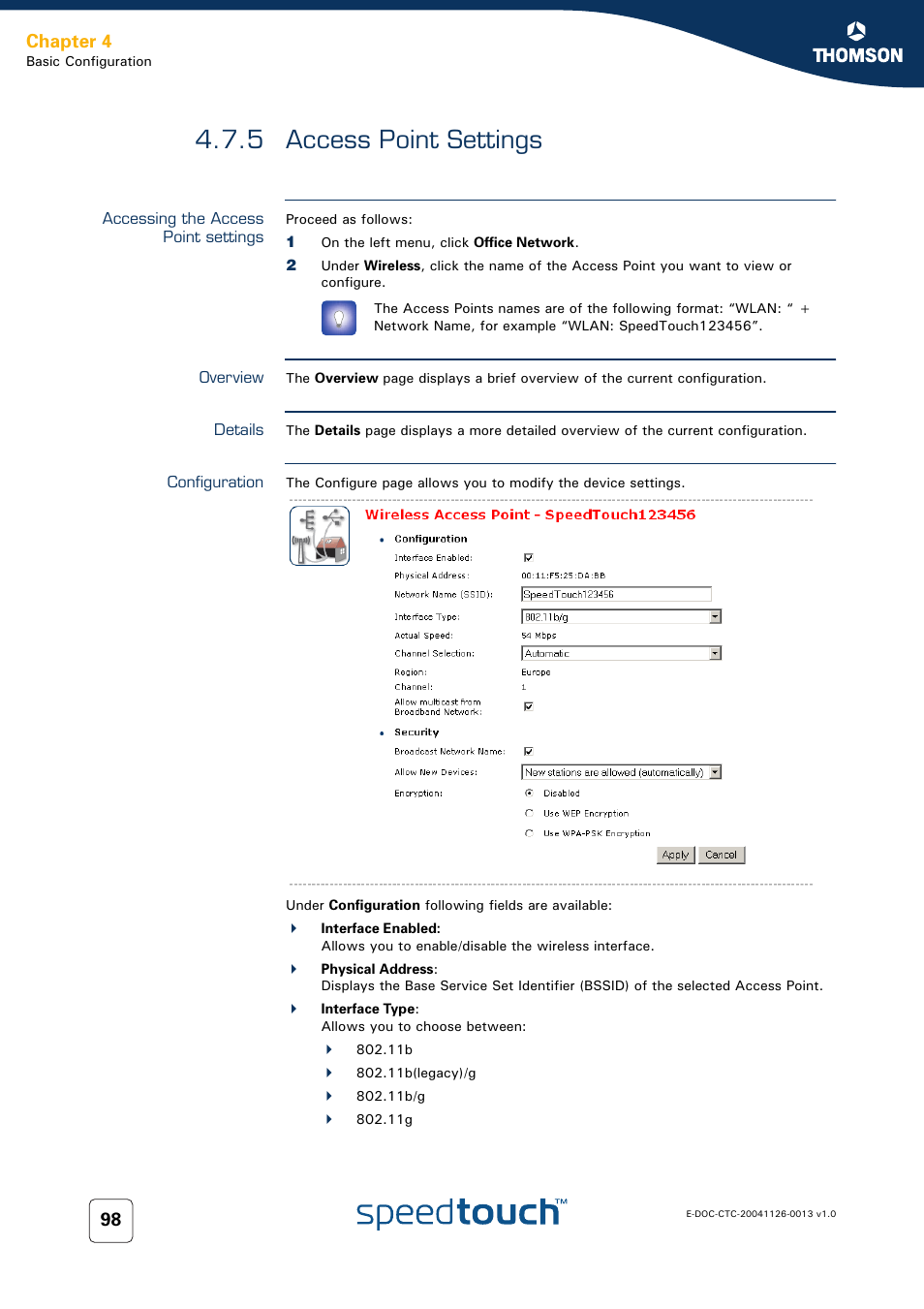 5 access point settings, Accessing the access point settings, Overview | Details, Configuration, Access point settings, Chapter 4 | RCA 608WL User Manual | Page 100 / 228