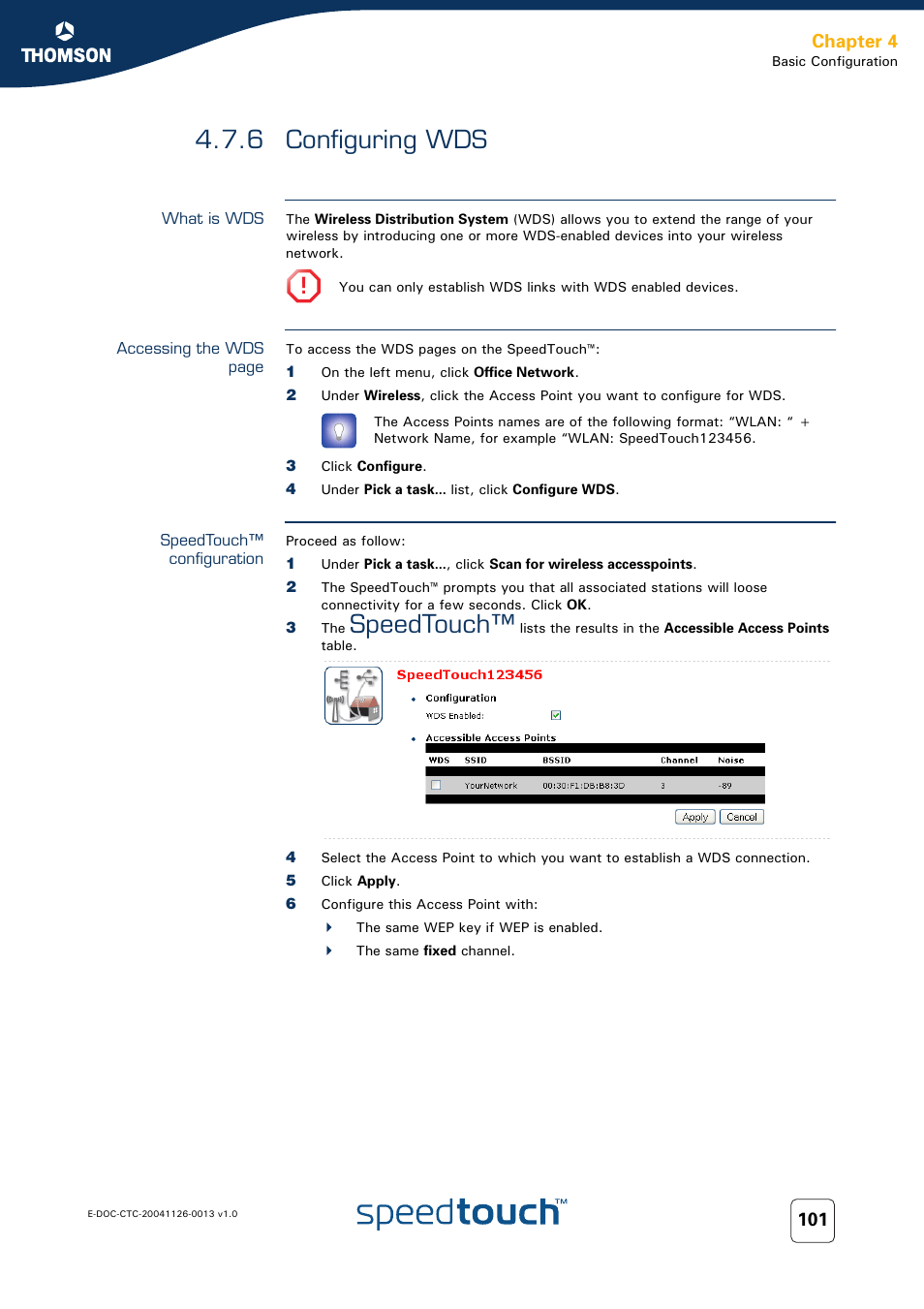 6 configuring wds, What is wds, Speedtouch™ configuration | Configuring wds, Speedtouch, Chapter 4 | RCA 608WL User Manual | Page 103 / 228
