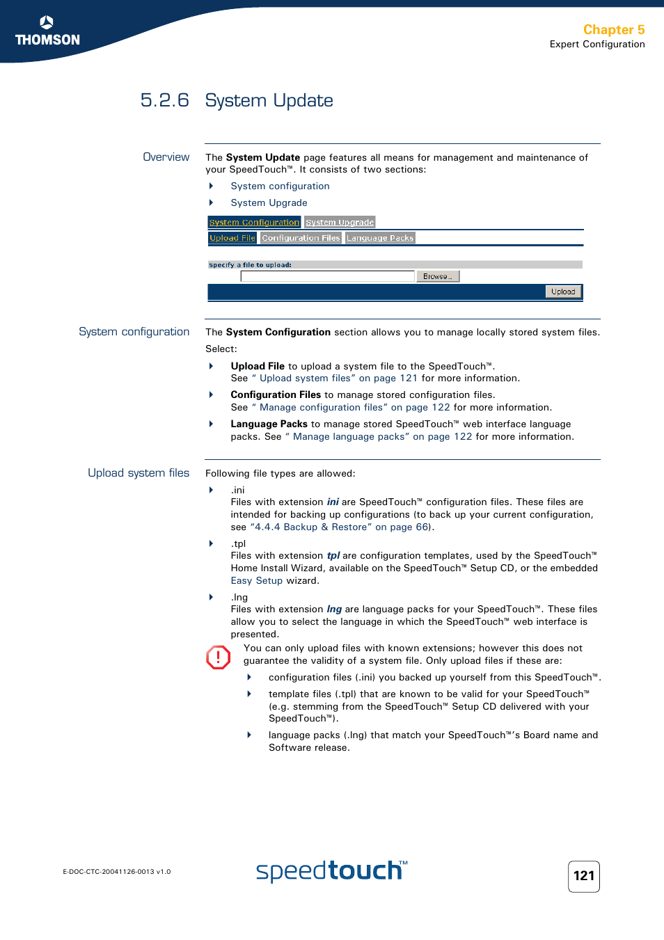 6 system update, Overview, System configuration | Upload system files, System update, Chapter 5 | RCA 608WL User Manual | Page 123 / 228