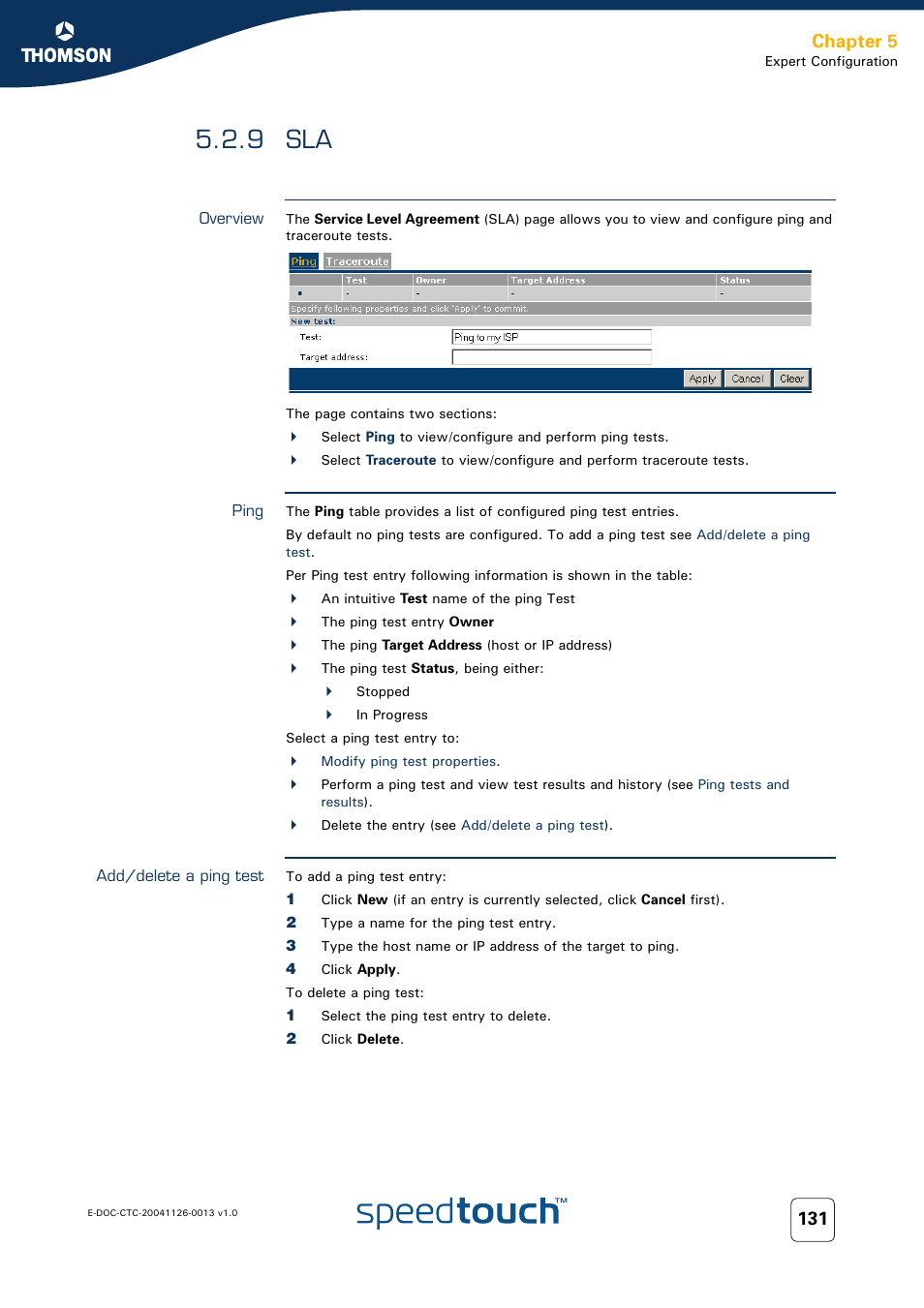 9 sla, Overview, Ping | Add/delete a ping test, Chapter 5 | RCA 608WL User Manual | Page 133 / 228