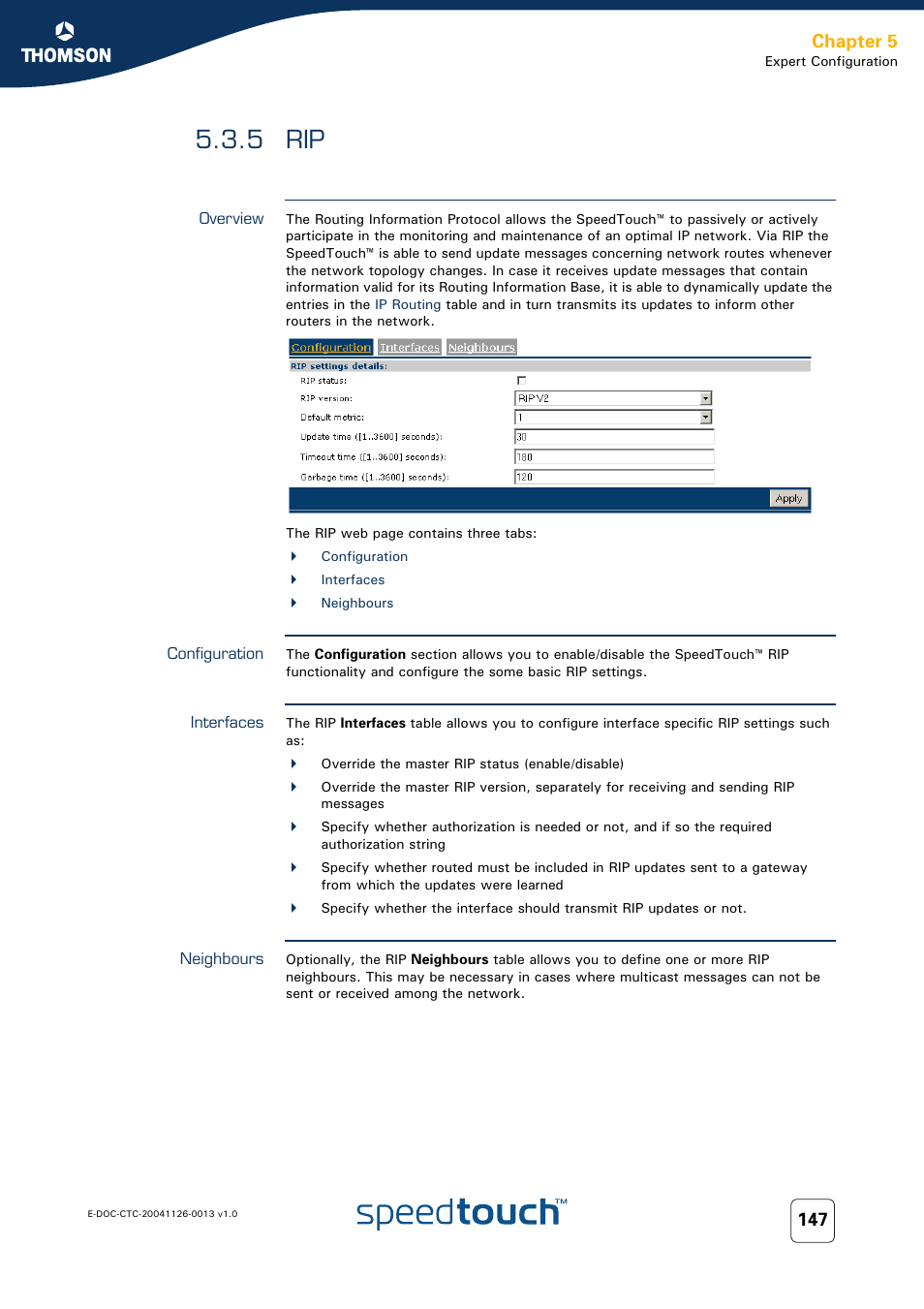 5 rip, Overview, Configuration | Interfaces, Neighbours, Chapter 5 | RCA 608WL User Manual | Page 149 / 228