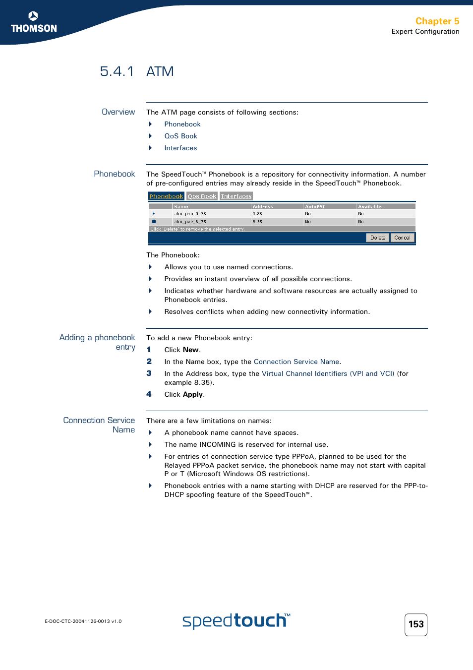 1 atm, Overview, Phonebook | Adding a phonebook entry, Connection service name, Chapter 5 | RCA 608WL User Manual | Page 155 / 228