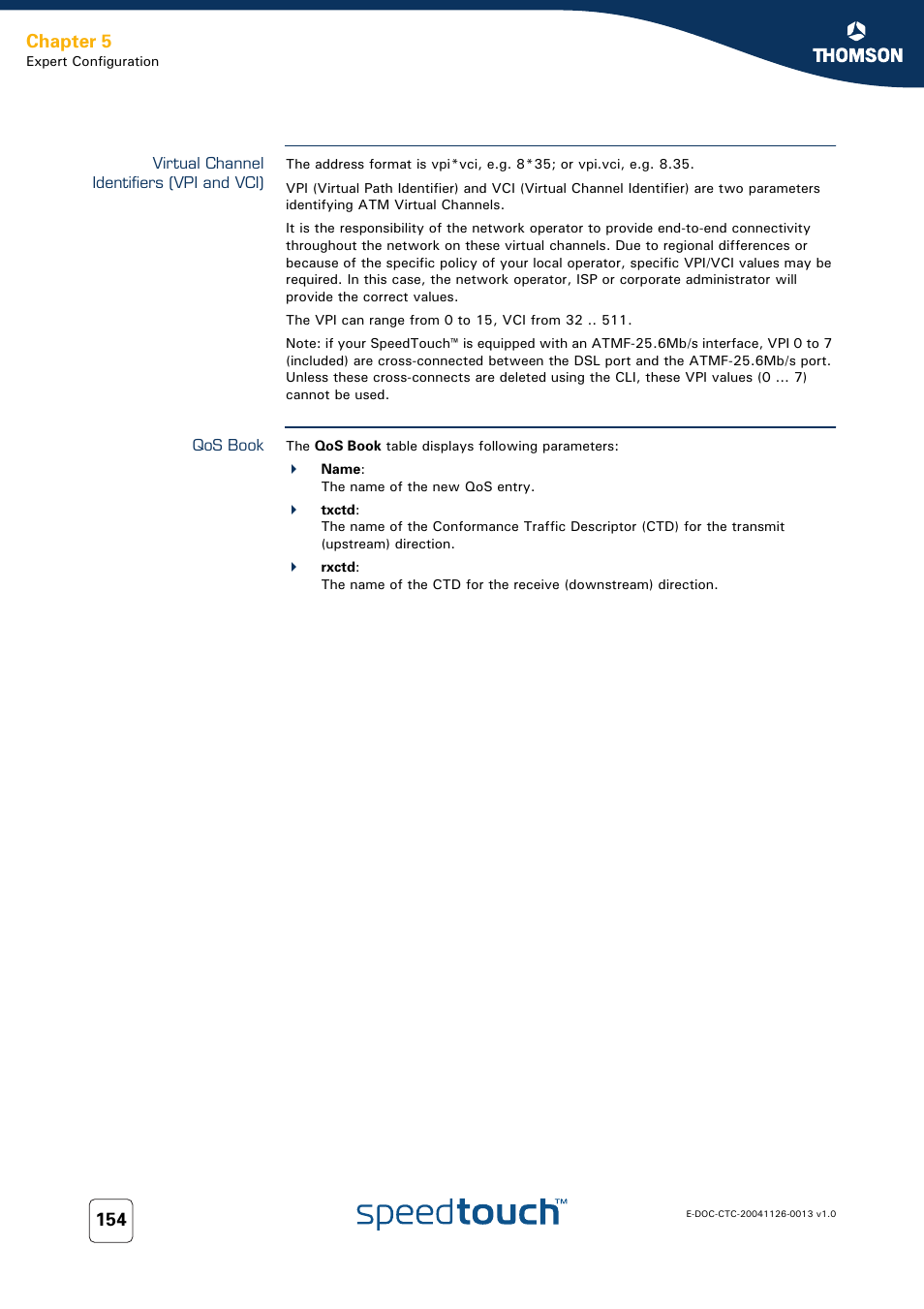 Virtual channel identifiers (vpi and vci), Qos book, Chapter 5 | RCA 608WL User Manual | Page 156 / 228