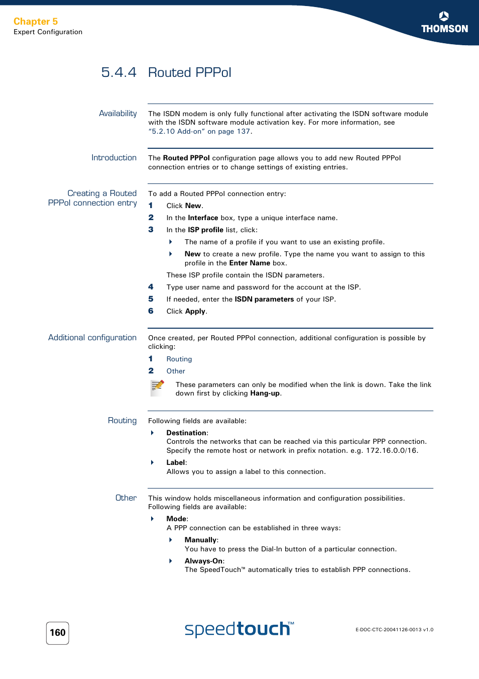 4 routed pppoi, Availability, Introduction | Creating a routed pppoi connection entry, Additional configuration, Routing, Other, Routed pppoi, Chapter 5 | RCA 608WL User Manual | Page 162 / 228