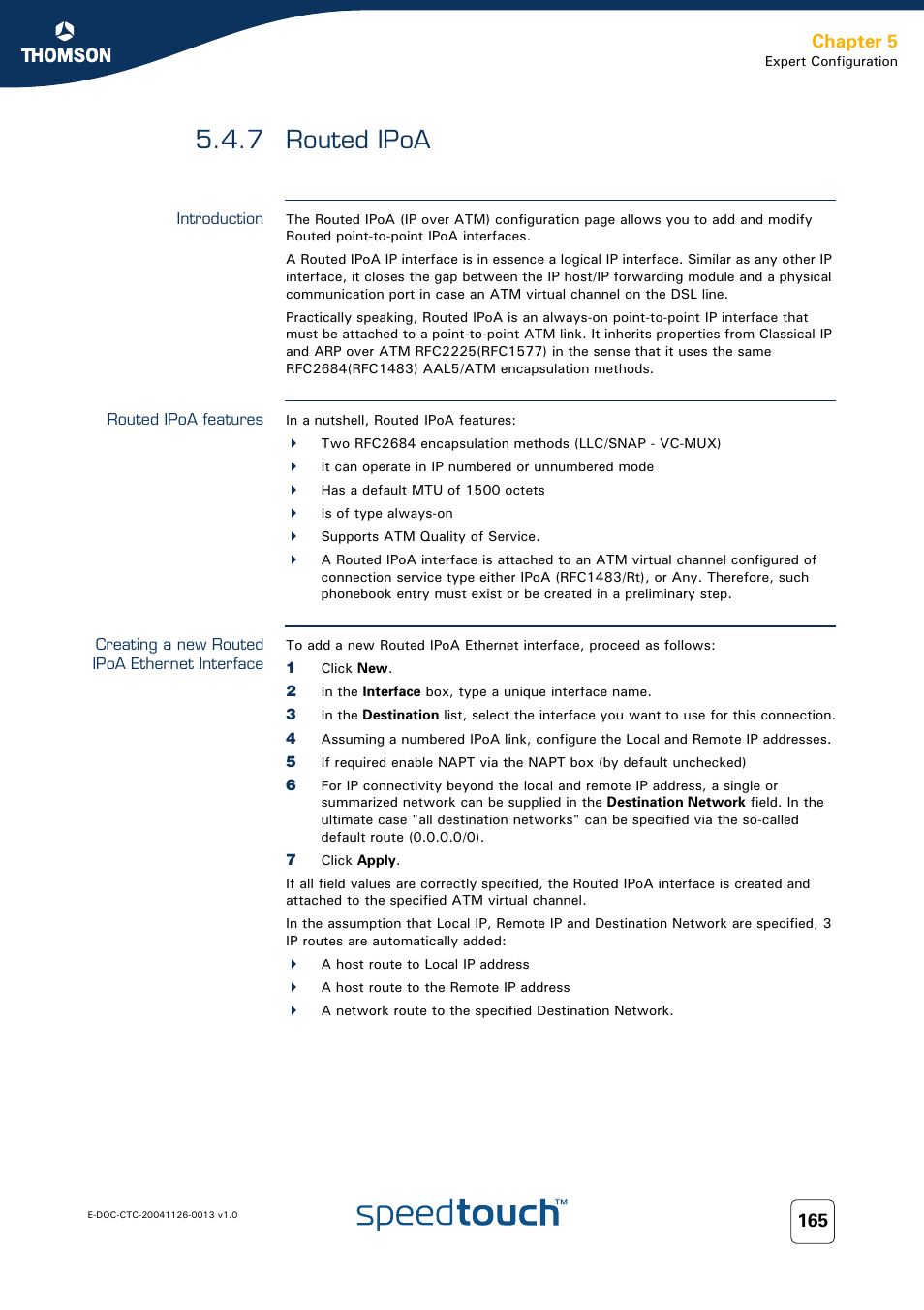 7 routed ipoa, Introduction, Routed ipoa features | Creating a new routed ipoa ethernet interface, Routed ipoa, Chapter 5 | RCA 608WL User Manual | Page 167 / 228