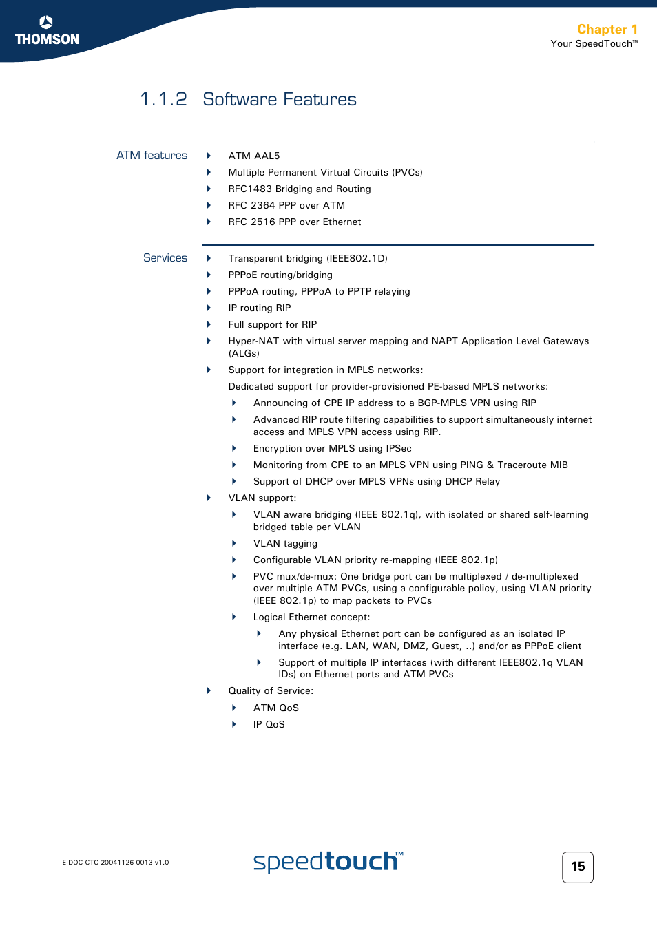 2 software features, Atm features, Services | Software features, Chapter 1 | RCA 608WL User Manual | Page 17 / 228
