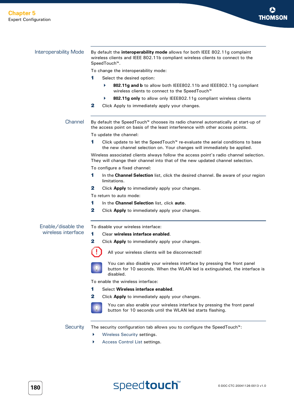 Interoperability mode, Channel, Enable/disable the wireless interface | Security, Chapter 5 | RCA 608WL User Manual | Page 182 / 228