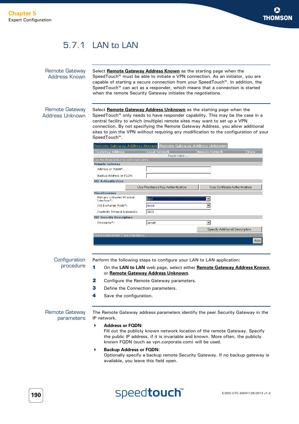 1 lan to lan, Remote gateway address known, Remote gateway address unknown | Configuration procedure, Remote gateway parameters, Lan to lan, Chapter 5 | RCA 608WL User Manual | Page 192 / 228