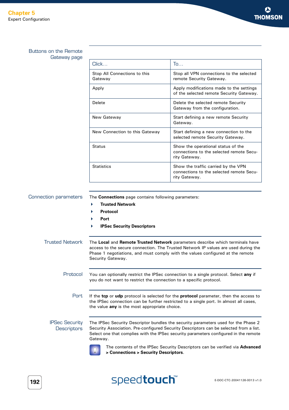 Connection parameters, Trusted network, Protocol | Port, Ipsec security descriptors, Chapter 5 | RCA 608WL User Manual | Page 194 / 228